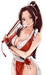 Rule 34 | 1girl, breasts, cleavage, collarbone, crossed arms, dress, fatal fury, gloves, hand fan, high ponytail, japanese clothes, large breasts, legs, looking at viewer, ninja, obi, pelvic curtain, ponytail, red dress, sash, shiranui mai, simple background, sleeveless, smile, solo, the king of fighters, traditional clothes, white background, wide hips, yamaishi (mukoubuti)