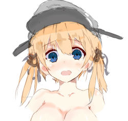 Rule 34 | 10s, 1girl, anchor hair ornament, black ribbon, blonde hair, blue eyes, blush, breasts, cleavage, collarbone, hair ornament, hair ribbon, hat, kantai collection, long hair, open mouth, peaked cap, prinz eugen (kancolle), ribbon, simple background, solo, sweatdrop, torisoboro (artchapterl), twintails, upper body, white background