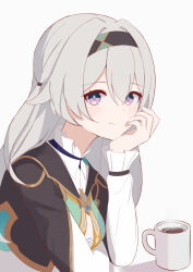 Rule 34 | 1girl, absurdres, black hairband, black jacket, commentary request, cup, firefly (honkai: star rail), grey background, grey hair, hairband, highres, honkai: star rail, honkai (series), jacket, long hair, looking at viewer, mug, purple eyes, red (redsy2525), revision, shirt, simple background, smile, solo, upper body, very long hair, white shirt