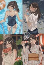 Rule 34 | 2girls, absurdres, anajudraws, artist name, blue one-piece swimsuit, blush, bottle, braid, breasts, brown eyes, brown hair, cat hair ornament, chocolate banana, day, eating, fish, floral print, flower, food, fruit, glasses, goldfish, hair flower, hair ornament, hand fan, heart, highres, holding, holding bottle, innertube, japanese clothes, kimono, looking at viewer, looking back, multiple girls, night, obi, one-piece swimsuit, one eye closed, original, outdoors, petals, pleated skirt, red-framed eyewear, sash, school uniform, shirt, skirt, small breasts, standing, striped clothes, striped shirt, summer, summer festival, sweat, swim ring, swimsuit, water, watermelon