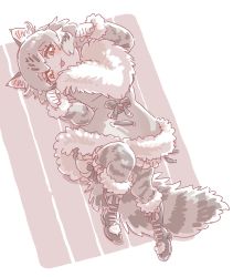 Rule 34 | 1girl, :3, :d, animal ear fluff, animal ears, boots, cat day, cat ears, cat girl, cat tail, coat, commentary, extra ears, full body, fur-trimmed boots, fur-trimmed coat, fur-trimmed sleeves, fur collar, fur trim, grey hair, highres, kemono friends, knee boots, long sleeves, looking at viewer, lying, mitsumoto jouji, norwegian forest cat (kemono friends) (mitsumoto jouji), on back, open mouth, orange eyes, original, paw pose, simple background, smile, solo, tail, white background