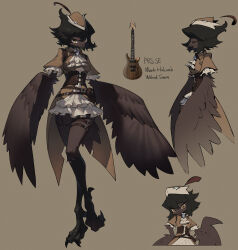 Rule 34 | 1girl, absurdres, ascot, beak, belt, belt pouch, bird girl, bird tail, bird wings, black hair, brown background, brown dress, brown eyes, brown headwear, brown theme, closed eyes, collared dress, commentary, corset, cropped torso, digitigrade, dress, feathered wings, frilled sleeves, frills, from side, full body, furry, furry female, guitar, hat, hat feather, highres, instrument, layered dress, looking at viewer, multiple belts, multiple views, original, personification, pouch, reference inset, shiiorina, short hair, short sleeves, simple background, smile, standing, standing on one leg, symbol-only commentary, tail, talons, thigh belt, thigh strap, tricorne, white ascot, white dress, winged arms, wings