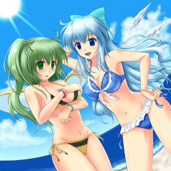 Rule 34 | 2girls, aged up, alternate breast size, alternate hairstyle, bikini, blue eyes, blue hair, bow, bracelet, breasts, cirno, cleavage, covering privates, covering breasts, daiyousei, dutch angle, embarrassed, frilled bikini, frills, front-tie top, green eyes, green hair, hair bow, hair ribbon, hand on own hip, highres, hip focus, ice, ice wings, jewelry, large breasts, light rays, long hair, multiple girls, nail polish, navel, ribbon, shiny skin, side-tie bikini bottom, side ponytail, string bikini, sun, sunbeam, sunlight, swimsuit, touhou, unshu mikan, water, wings