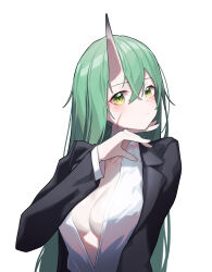 Rule 34 | 1girl, absurdres, arknights, beudelb, black jacket, black suit, blush, breasts, cleavage, closed mouth, collared shirt, facial scar, formal, green eyes, green hair, hair between eyes, highres, horns, hoshiguma (arknights), jacket, large breasts, long hair, long sleeves, looking at viewer, no bra, open clothes, open shirt, scar, scar on cheek, scar on face, shirt, simple background, single horn, skin-covered horns, solo, suit, white background, white shirt