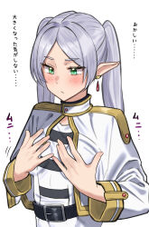 Rule 34 | 1girl, absurdres, belt, black belt, breasts, closed mouth, earrings, elf, frieren, frown, green eyes, grey hair, highres, jewelry, ka ze na mi, long hair, long sleeves, paid reward available, parted bangs, pointy ears, robe, simple background, small breasts, solo, sousou no frieren, twintails, upper body, white background, white robe