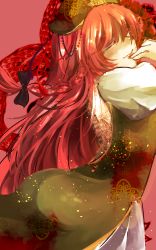 Rule 34 | 1girl, arched back, bad id, bad pixiv id, bow, braid, china dress, chinese clothes, closed eyes, dress, hair bow, hair over eyes, hand to own mouth, highres, hong meiling, long hair, looking at viewer, looking to the side, nail polish, puffy sleeves, red background, red hair, red nails, simple background, solo, sooru0720, touhou