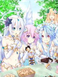 Rule 34 | 4girls, angel wings, armor, bare shoulders, bikini armor, black heart (neptunia), blonde hair, blue eyes, blue hair, breastplate, breasts, cake, chocolate cake, cleavage, clenched hand, clenched teeth, closed eyes, collared dress, commentary request, cookie, detached collar, dress, eating, elbow gloves, fingerless gloves, flower, food, four goddesses online: cyber dimension neptune, gloves, green dress, hair between eyes, hair flower, hair ornament, halo, holding, holding plate, joney, leaf, long hair, medium breasts, multiple girls, navel, neptune (neptunia), neptune (series), plate, power symbol, power symbol-shaped pupils, purple eyes, purple hair, red eyes, short hair, sitting, small breasts, strapless, strapless dress, symbol-shaped pupils, table, teeth, v-shaped eyebrows, vert (neptunia), white hair, white heart (neptunia), wings