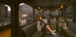 Rule 34 | 1girl, air conditioner, bad id, bad twitter id, beer bottle, black skirt, bottle, brown eyes, brown hair, bus, bus interior, cardigan, couch, day, from side, green socks, highres, legs together, light bulb, lm7 (op-center), long hair, motor vehicle, on couch, open cardigan, open clothes, original, parted lips, pleated skirt, radio, rear-view mirror, receiver, right-hand drive, shoes, sitting, skirt, sneakers, socks, solo, steering wheel, string of light bulbs, vehicle interior
