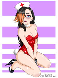 Rule 34 | absurdres, animal costume, black hair, blue eyes, blush, breasts, choker, cleavage, cpt.tester works, full body, ginger (cpt.tester), hair over one eye, hat, heels, highres, kneeling, leotard, looking to the side, multiple boys, nurse cap, open mouth, orange hair, playboy bunny, rabbit tail, small breasts, thighs