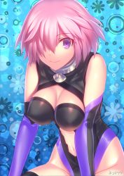 Rule 34 | 1girl, artist name, bad id, bad pixiv id, bare shoulders, black thighhighs, blue background, breasts, cleavage cutout, clothing cutout, elbow gloves, fate/grand order, fate (series), floral background, gloves, hair over one eye, highleg, highleg leotard, leotard, looking at viewer, mash kyrielight, medium breasts, navel, navel cutout, nekotawa, purple eyes, purple hair, short hair, signature, smile, solo, thighhighs