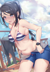 Rule 34 | 1girl, :d, absurdres, bare legs, bikini, black hair, bodysuit, breasts, bush, cleavage, clothes hanger, clothes rack, cloud, collarbone, commentary request, curvy, diving suit, dutch angle, grey eyes, highres, lens flare, love live!, love live! school idol project, love live! sunshine!!, matsuura kanan, medium breasts, navel, ocean, open mouth, outdoors, ponytail, railing, sidelocks, sky, smile, solo, striped bikini, striped clothes, swept bangs, swimsuit, thighs, undressing, unzipped, watch, wetsuit, wooden railing, wristwatch, yamaori (yamaorimon)