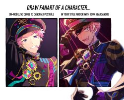 Rule 34 | 1boy, adjusting clothes, adjusting headwear, black gloves, black headwear, black jacket, crazy eyes, crazy smile, draw fanart challenge, english text, ensemble stars!, gears, gloves, hat, highres, idol clothes, itsuki shu, jacket, long sleeves, looking at viewer, machina (ensemble stars!), male focus, multicolored clothes, multicolored headwear, multicolored jacket, official alternate costume, official style, open mouth, peaked cap, pink hair, purple eyes, purple jacket, short hair, shuspocket, smile
