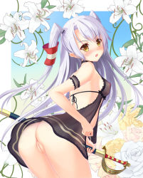 Rule 34 | 10s, 1girl, amatsukaze (kancolle), ass, babydoll, blush, breasts, brown eyes, covered erect nipples, cutlass, flower, gradient background, highres, kantai collection, long hair, nipples, no panties, open mouth, pussy, see-through, sheath, sheathed, silver hair, small breasts, solo, topless, two side up, uncensored, yurina