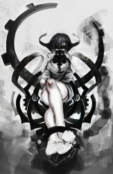 Rule 34 | 1girl, black hair, blindfold, chain, chair, colored skin, gas mask, gears, knees, legs, crossed legs, loose clothes, mask, mechanical, original, rubble, short hair, sitting, solo, tmt, unfinished, white skin
