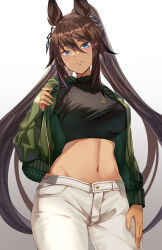 Rule 34 | 1girl, animal ears, black shirt, blue eyes, breasts, brown hair, closed mouth, cowboy shot, crop top, earrings, expressionless, green jacket, hand on own thigh, highres, horse ears, jacket, jewelry, large breasts, long hair, long sleeves, looking at viewer, midriff, navel, necklace, open clothes, open jacket, pants, ponytail, shirt, solo, standing, stomach, symboli kris s (umamusume), umamusume, very long hair, white pants, yu ni t