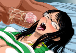Rule 34 | 1boy, 1girl, bed, black-framed eyewear, black eyes, black hair, blush, breasts, censored, closed eyes, clothes lift, collarbone, cum, erection, eyelashes, glasses, jewelry, long hair, lying, mosaic censoring, necklace, nel-zel formula, nico robin, on back, on bed, one piece, open mouth, parted bangs, penis, shiny skin, shirt, shirt lift, solo focus, striped clothes, striped shirt, striped sweater, sweat, sweater, sweater lift, teeth, testicles, tongue, tongue out
