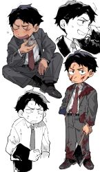 Rule 34 | 1boy, axe, black footwear, black hair, blood, blood on clothes, blood on face, blush, chibi, closed eyes, collared shirt, cup, gegege no kitarou, grey jacket, grey pants, highres, holding, holding axe, holding cup, holding weapon, jacket, kitarou tanjou: gegege no nazo, long sleeves, male focus, mizuki (gegege no kitarou), multiple views, necktie, open mouth, pants, red necktie, scar, scar across eye, shirt, shoes, simple background, sitting, standing, sweat, wahootarou, weapon, white background, white shirt