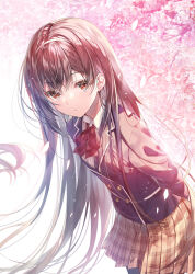 Rule 34 | 1girl, arms behind back, ascot, blazer, brown eyes, brown hair, buttons, cherry blossoms, collared shirt, commentary, cowboy shot, double-breasted, falling petals, hair between eyes, hairband, highres, jacket, leaning forward, long hair, looking at viewer, miwabe sakura, original, parted lips, petals, plaid, plaid skirt, pleated skirt, school uniform, shirt, skirt, solo, symbol-only commentary, very long hair, white shirt