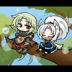 Rule 34 | 1boy, 1girl, animal ears, bracelet, closed eyes, fang, grey hair, guitar, in tree, instrument, jewelry, letterboxed, musical note, open mouth, pixiv fantasia, pixiv fantasia sword regalia, red eyes, sitting, sitting in tree, smile, tail, tree, white hair, wolf ears, wolf tail, yanagi (nurikoboshi)