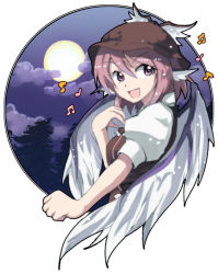 Rule 34 | 1girl, animal ears, bad id, bad pixiv id, cloud, colorized, female focus, full moon, h@ll, happy, moon, music, musical note, mystia lorelei, night, open mouth, outside border, pink eyes, pink hair, portrait, singing, sky, smile, solo, touhou, wings