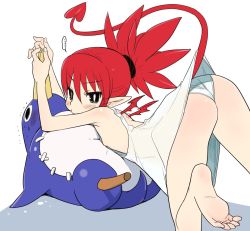 Rule 34 | ..., 1girl, ass, bare arms, bare legs, barefoot, bird, black eyes, blush, commentary request, demon tail, disgaea, dress, etna (disgaea), feet, flat chest, from side, hair between eyes, hekaton, looking at viewer, panties, penguin, pointy ears, ponytail, red hair, red wings, soles, solo, spoken ellipsis, tail, toes, underwear, white dress, white panties, wings