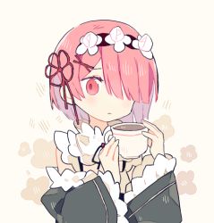 Rule 34 | 1girl, :|, beige background, black hairband, blunt bangs, closed mouth, coffee, commentary, cup, detached sleeves, drink, expressionless, female focus, floral background, flower, frilled sleeves, frills, hair flower, hair ornament, hair over one eye, hair ribbon, hairband, hands up, holding, holding cup, long sleeves, looking at viewer, maid, matching hair/eyes, melanbread, no nose, parted bangs, pink eyes, pink hair, ram (re:zero), re:zero kara hajimeru isekai seikatsu, red ribbon, ribbon, short hair, simple background, solo, symbol-only commentary, teacup, upper body, wide sleeves