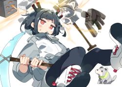 Rule 34 | 1girl, black hair, black hairband, black pantyhose, boots, closed mouth, commentary request, cross-laced footwear, hairband, holding, jacket, jitomi monoe, karei, lace-up boots, long sleeves, looking away, magnet, pantyhose, pickaxe, red eyes, shoe soles, shovel, simple background, solo, two-handed, virtual youtuber, voms, white background, white footwear, white jacket, zipper pull tab