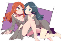 Rule 34 | 2girls, aqua eyes, barbara parker, bare shoulders, bathrobe, black hair, blush, breasts, brown hair, cleavage, full body, grey robe, hand on another&#039;s shoulder, hannah england, hys-d, knee up, leg between thighs, little witch academia, long hair, long sleeves, medium breasts, multiple girls, off shoulder, parted lips, robe, smile, thighs, yellow eyes, yuri