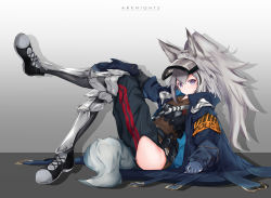 Rule 34 | 1girl, absurdres, animal ears, arknights, armband, armor, asumi maboroshi, blue coat, blue pants, breasts, brown shirt, coat, copyright name, female focus, flat chest, full body, gauntlets, gloves, grani (arknights), greaves, grey eyes, grey footwear, grey gloves, grey hair, highres, hip vent, horse ears, horse girl, horse tail, leg up, long hair, looking at viewer, multiple straps, open clothes, open coat, pants, police, police uniform, ponytail, popped collar, shirt, shoes, shoulder guard, sitting, small breasts, sneakers, solo, tail, uniform, visor cap