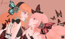 Rule 34 | alternate costume, alternate hairstyle, bare shoulders, breasts, bug, butterfly, butterfly hair ornament, butterfly wings, cleavage, couple, face-to-face, gradient hair, hair ornament, headphones, highres, hololive, hololive english, insect, insect wings, kuur0kane, long hair, looking at another, magnet (vocaloid), mori calliope, multicolored hair, nail polish, orange hair, pink hair, purple eyes, red eyes, takanashi kiara, tiara, virtual youtuber, vocaloid, wings, yuri