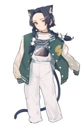 Rule 34 | 1girl, absurdres, animal ear fluff, animal ears, black choker, black hair, braid, brown eyes, cat ears, cat girl, cat tail, choker, cropped legs, ear piercing, forehead, green jacket, highres, jacket, jacket on shoulders, kamatpit, letterman jacket, long hair, low twintails, open clothes, open jacket, original, pants, parted bangs, piercing, shirt, simple background, solo, tail, twin braids, twintails, white background, white pants, white shirt