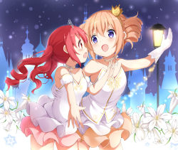 Rule 34 | 2girls, :d, absurdres, bare shoulders, blue eyes, blush, brown hair, brown skirt, collarbone, commentary request, crown, dress, drill hair, eye contact, flower, gloves, gochuumon wa usagi desu ka?, hair between eyes, hand up, highres, hoto cocoa, lamppost, long hair, looking at another, mini crown, multiple girls, natsu megumi, open mouth, pink skirt, pleated skirt, profile, red eyes, red hair, skirt, smile, stick jitb, tiara, tilted headwear, twin drills, twintails, white dress, white flower, white gloves