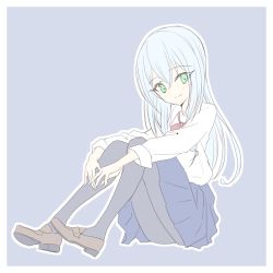 Rule 34 | 1girl, black pantyhose, blue hair, blue skirt, blush, bow, brown footwear, closed mouth, collared shirt, full body, green eyes, grey background, hair between eyes, loafers, long hair, long sleeves, original, outline, pantyhose, pleated skirt, red bow, school uniform, shirt, shoes, sitting, skirt, smile, solo, suzume anko, very long hair, white outline, white shirt
