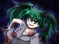Rule 34 | 1girl, bad id, bad pixiv id, bandages, collarbone, female focus, green eyes, green hair, hair bobbles, hair ornament, highres, kisume, long sleeves, matching hair/eyes, open mouth, short hair, slit pupils, solo, touhou, twintails, veins, wide sleeves, ziogon