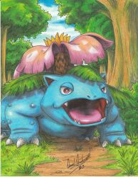 Rule 34 | 2020, absurdres, blue skin, claws, colored skin, creatures (company), day, fangs, flower, forest, game freak, gen 1 pokemon, grass, highres, leaf, nature, nintendo, no humans, open mouth, pink flower, plant, pokemon, pokemon (creature), ravernclouk design, red eyes, sharp teeth, sky, teeth, tongue, traditional media, venusaur