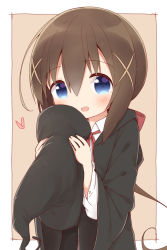 Rule 34 | 1girl, :d, ayanepuna, black hat, black robe, blue eyes, blush, bow, brown background, brown hair, collared shirt, commentary request, hair between eyes, hair bow, hair ornament, hat, heart, highres, holding, holding clothes, holding hat, hood, hood down, hooded robe, kyoka (ayanepuna), long hair, long sleeves, looking at viewer, neck ribbon, open clothes, open mouth, open robe, original, red bow, red ribbon, ribbon, robe, shirt, smile, solo, two-tone background, unworn hat, unworn headwear, very long hair, white background, white shirt, wide sleeves, witch hat, x hair ornament