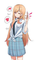 Rule 34 | 1girl, absurdres, black choker, black necktie, blonde hair, blue skirt, blush, breast pocket, choker, clenched teeth, collared shirt, commentary, ear piercing, earrings, english commentary, fingernails, heart, highres, jewelry, ki26, kitagawa marin, long fingernails, long hair, looking at viewer, nail polish, necktie, one eye closed, piercing, pink eyes, pink nails, plaid, plaid skirt, pleated skirt, pocket, school uniform, shirt, simple background, skirt, smile, solo, sono bisque doll wa koi wo suru, spoken heart, standing, suggestive fluid, teeth, tied shirt, translation request, very long hair, white background, white shirt