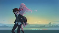 Rule 34 | 10s, 1boy, 1girl, aash4i, black hair, black jacket, black legwear, black pants, blazer, blue eyes, building, cityscape, collared shirt, commentary request, copyright name, couple, darling in the franxx, evening, fang, green eyes, grey blazer, grey skirt, hair ornament, hairband, hand on another&#039;s shoulder, hetero, hiro (darling in the franxx), horns, jacket, long hair, long sleeves, looking at viewer, ocean, one eye closed, oni horns, open clothes, open jacket, pants, pink hair, pleated skirt, red horns, red scarf, scarf, school uniform, shirt, short hair, skirt, sky, skyline, skyscraper, socks, thighs, waistcoat, water, white hairband, white shirt, wing collar, zero two (darling in the franxx)