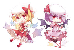 Rule 34 | 2girls, ascot, asymmetrical hair, bat wings, blonde hair, bow, brooch, chibi, cuivre, dress, flandre scarlet, frilled shirt, frilled shirt collar, frilled sleeves, frills, hat, hat ribbon, jewelry, mob cap, multiple girls, open mouth, pink dress, puffy short sleeves, puffy sleeves, purple hair, red bow, red eyes, red ribbon, remilia scarlet, ribbon, shirt, short hair, short sleeves, side ponytail, simple background, smile, spear the gungnir, star (symbol), touhou, white background, wings, wrist cuffs