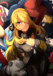 Rule 34 | 1girl, absurdres, animal, arms behind back, black coat, blonde hair, breasts, cleavage, closed mouth, coat, commentary, creatures (company), cynthia (pokemon), dog, eyelashes, fur collar, game freak, garchomp, gen 3 pokemon, gen 4 pokemon, hair ornament, hair over one eye, highres, khyle., long hair, looking at viewer, lucario, milotic, nintendo, pokemon, pokemon (creature), pokemon dppt, roserade, smile, spiritomb, v-neck, very long hair, watermark, wavy hair, web address