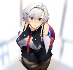 Rule 34 | 1girl, absurdres, amagasa higasa, armpit crease, arms behind back, azur lane, bare shoulders, belt, black belt, black bra, black collar, black hairband, black pantyhose, black skirt, blue eyes, blurry, blurry background, blush, bra, breasts, collar, collared shirt, commentary request, cowboy shot, crotchless, crotchless pantyhose, detached collar, grey hair, hair between eyes, hair ornament, hairband, hairclip, highres, jacket, large breasts, leaning forward, looking at viewer, necktie, nose blush, off-shoulder jacket, off shoulder, pantyhose, parted hair, pleated skirt, red necktie, reno (azur lane), see-through, shirt, short hair, sidelocks, skirt, sleeveless, sleeveless shirt, smile, solo, standing, thigh strap, underwear, wet, wet clothes, wet shirt, white background, white jacket