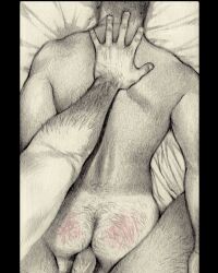 Rule 34 | 2boys, anal, arm hair, ass hair, bara, from above, graphite (medium), hairy, hand on another&#039;s back, hatching (texture), head out of frame, highres, just the tip, leg hair, lying, male focus, male penetrated, martin bedolla, multiple boys, muscular, muscular male, on bed, on stomach, original, pov, pov crotch, prone bone, realistic, sex, sex from behind, short hair, slap mark, solo focus, thigh press, thighs, traditional media, uncensored, yaoi