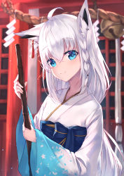 Rule 34 | 1girl, absurdres, animal ear fluff, animal ears, blue bow, blue eyes, blurry, blurry background, bow, closed mouth, commentary request, day, depth of field, fox ears, hair between eyes, highres, holding, hololive, japanese clothes, kimono, long hair, long sleeves, masaki (msk064), obi, outdoors, rope, sash, shimenawa, shirakami fubuki, shirakami fubuki (new year), smile, solo, upper body, very long hair, virtual youtuber, white hair, white kimono, wide sleeves