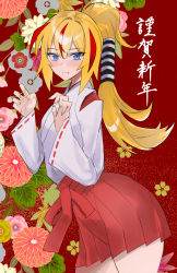 Rule 34 | 1girl, 2022, absurdres, blonde hair, blue eyes, chinese text, fang, flower, hair between eyes, hair ornament, hair tubes, hakama, highres, japanese clothes, kataku musou, kimono, long hair, looking at viewer, miko, nail polish, new year, original, ponytail, red background, red hakama, red skirt, simple background, skirt, slit pupils, solo, wide sleeves, yellow nails
