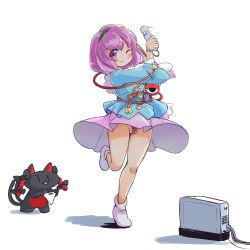 Rule 34 | 1girl, ;), arm up, bare legs, black hairband, blue shirt, cat, closed mouth, controller, female pubic hair, full body, game console, game controller, hairband, heart, highres, holding, holding clothes, holding panties, holding underwear, itatatata, kaenbyou rin, kaenbyou rin (cat), komeiji satori, leg up, long sleeves, looking at viewer, medium hair, no panties, non-web source, one eye closed, panties, pink skirt, pubic hair, purple eyes, purple hair, shirt, simple background, skirt, smile, socks, standing, standing on one leg, third eye, touhou, underwear, white background, white legwear, wide sleeves, wii, wii remote