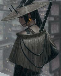 Rule 34 | 1girl, absurdres, black hair, black horns, commentary, earrings, english commentary, from behind, glowing, guweiz, hat, highres, horns, horns through headwear, jewelry, long hair, looking at viewer, looking back, original, ponytail, profile, rain, solo, sword, upper body, weapon, weapon on back