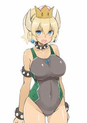 Rule 34 | 1girl, bad id, bad twitter id, bakutendou, blonde hair, blue eyes, bowsette, bracelet, collar, competition swimsuit, crown, heart, heart-shaped pupils, highres, horns, jewelry, leotard, mario (series), new super mario bros. u deluxe, nintendo, one-piece swimsuit, ponytail, simple background, solo, spiked bracelet, spiked collar, spikes, super crown, swimsuit, symbol-shaped pupils, white background