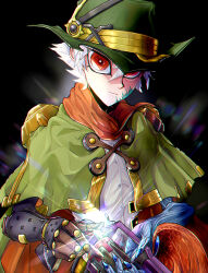 Rule 34 | 1boy, black background, blue nails, capelet, closed mouth, commentary request, cowboy hat, demon wings, duel monster, fingernails, glint, green capelet, gun, hair between eyes, handgun, hat, holding, holding gun, holding weapon, left-handed, long fingernails, looking at viewer, magical musketeer kidbrave, male focus, mechanical arms, red eyes, red scarf, reloading, revolver, scarf, shirt, short hair, single mechanical arm, single wing, solo, standing, upper body, weapon, white hair, white shirt, wings, yu-gi-oh!, yukitaka (zzzzz)
