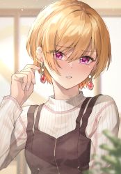 Rule 34 | 1girl, blonde hair, blurry, blurry foreground, blush, breasts, dress, earrings, eyes visible through hair, highres, idolmaster, idolmaster shiny colors, jewelry, light particles, long hair, looking at viewer, plant, potted plant, purple eyes, ribbed shirt, saijo juri, shio kouji (shiokojii), shirt, short hair, small breasts, solo, sunlight, upper body, white shirt, window