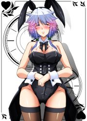 Rule 34 | 1girl, alternate costume, animal ears, bare shoulders, black neckwear, black ribbon, black thighhighs, blue eyes, blush, braid, breasts, buttons, cleavage, collarbone, commentary request, covered navel, eyelashes, fake animal ears, hair ribbon, highres, izayoi sakuya, large breasts, leotard, lips, looking at viewer, playboy bunny, rabbit ears, ribbon, shadow, shiny skin, silver hair, smile, solo, standing, tailcoat, tatsuya (guild plus), thighhighs, touhou, tress ribbon, twin braids, twitter, white background, wrist cuffs
